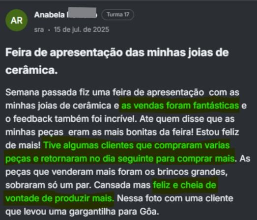 Print ou vídeo de Anabella, aluna em Portugal que vendeu cerca de mil euros em um único dia